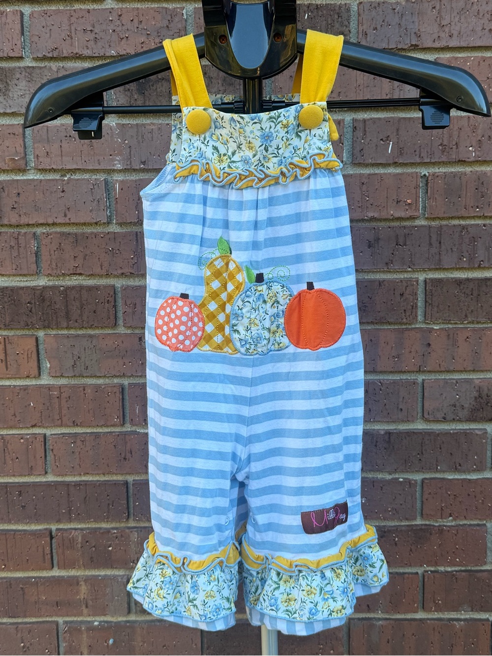Millie Jay 12 M Pumpkin Ruffle Romper Blue Stripe Floral Thanksgiving Fall EUC